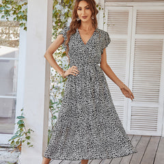 Dresses Ruffle Cap Sleeve V Neck Belt Wrap Split Boho Floral Long Casual Party Beach Dress