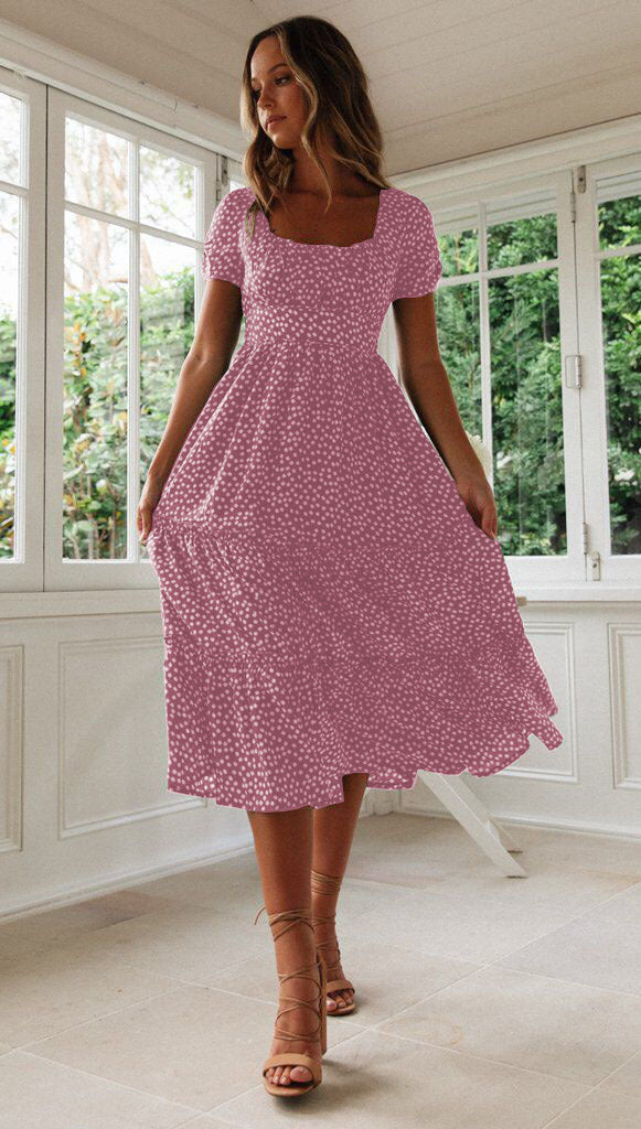 Square Collar Short Sleeve Dress Puff Floral Printed Dress Long Dresses