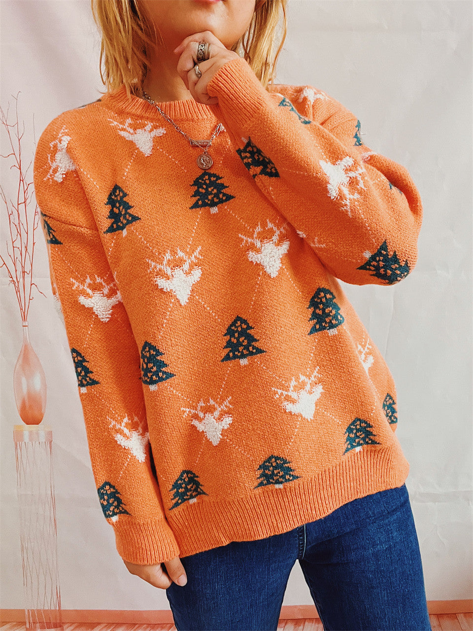 Round Neck Long Sleeve Loose Elk Jacquard Christmas Sweater