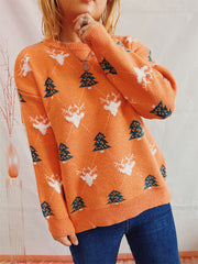 Round Neck Long Sleeve Loose Elk Jacquard Christmas Sweater