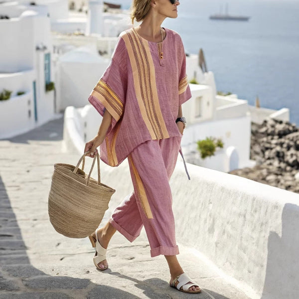 Striped Suits Loose Batwing Sleeve T-shirt And Solid Straight-leg Pants