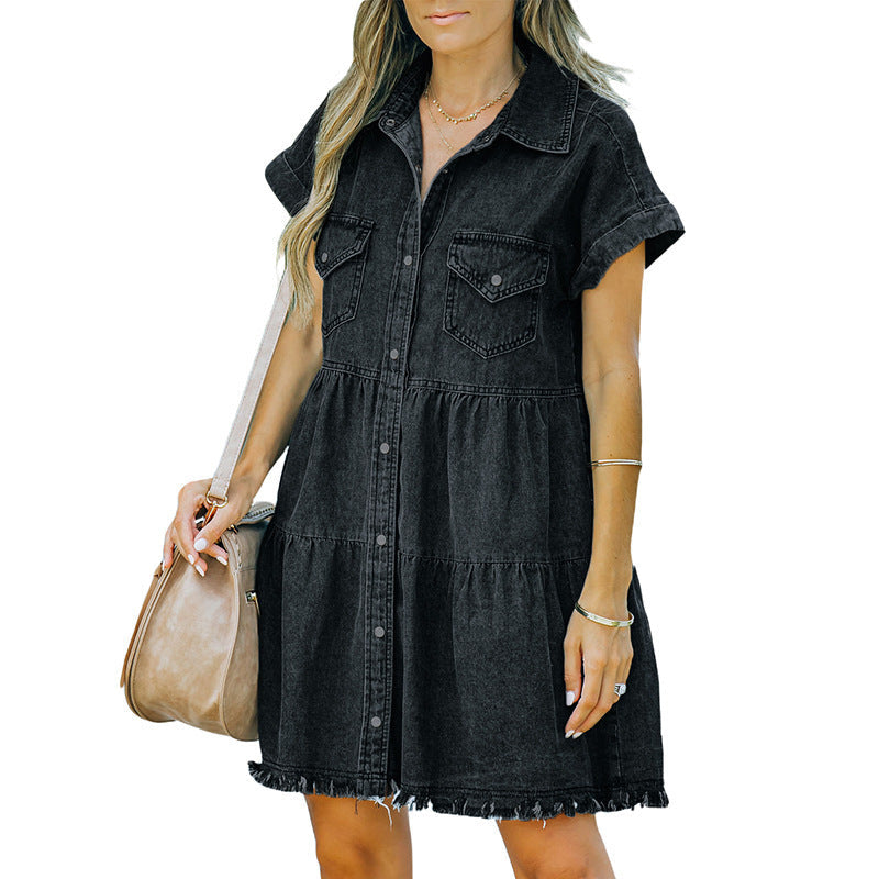Washed Denim Dress Loose Single-breasted Casual Dress