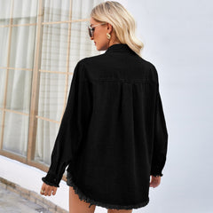 Loose Lapel Denim Shirt With Sequined Pockets Design Tops For Women