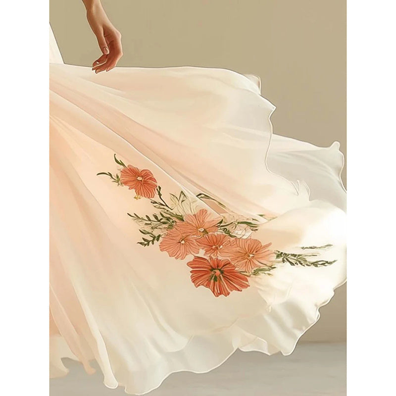 Floral Print V Neck Pleated Chiffon Dress Flutter Short Sleeve Maxi Flowy Beach Wedding Guest Dresses