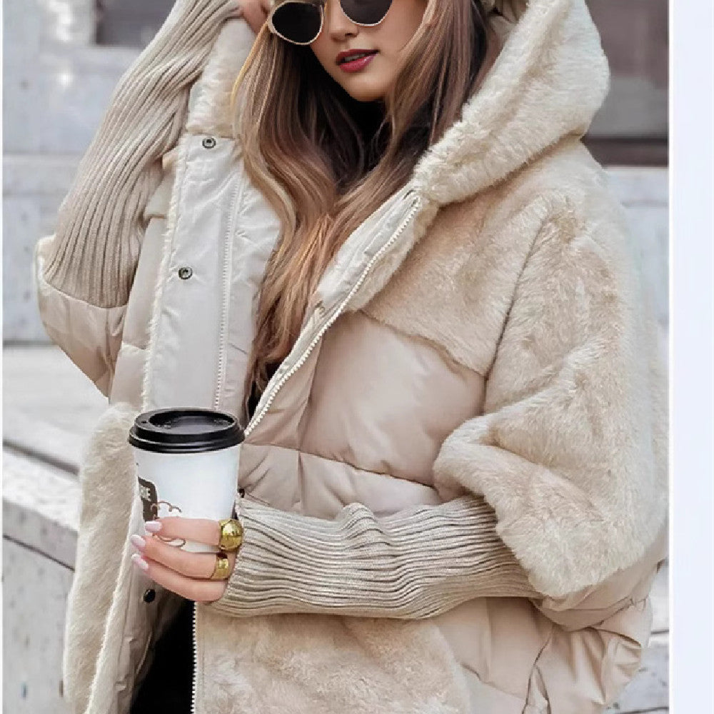 Loose Cotton Coat Faux Fur Patchwork Coat Comfort Chic Long Sleeve Hooded Jacket