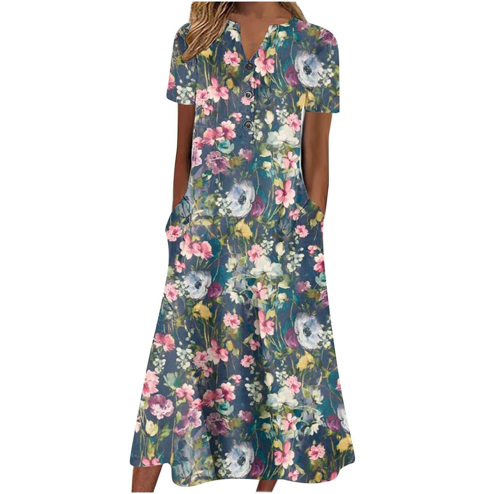 Casual Short Sleeved Long Midi Plain Dresses With Pockets