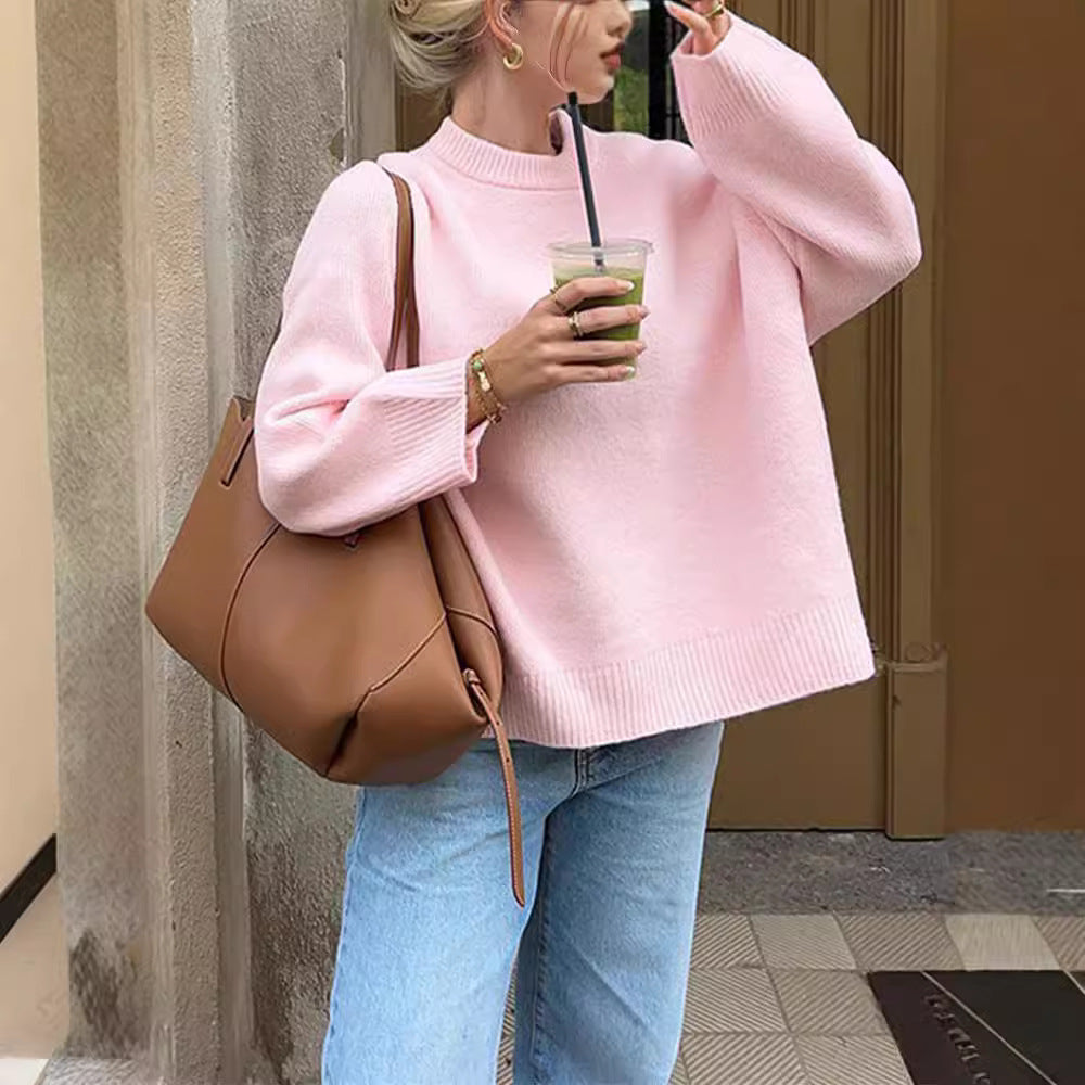 Sweet Crew Neck Pullover Sweater Loose Long-sleeved Tops For Clothing