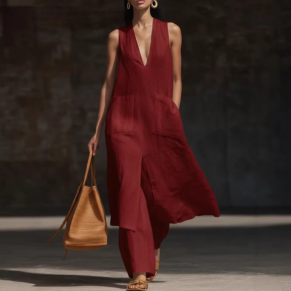 Casual Style V-Neck Sleeveless Dress Set