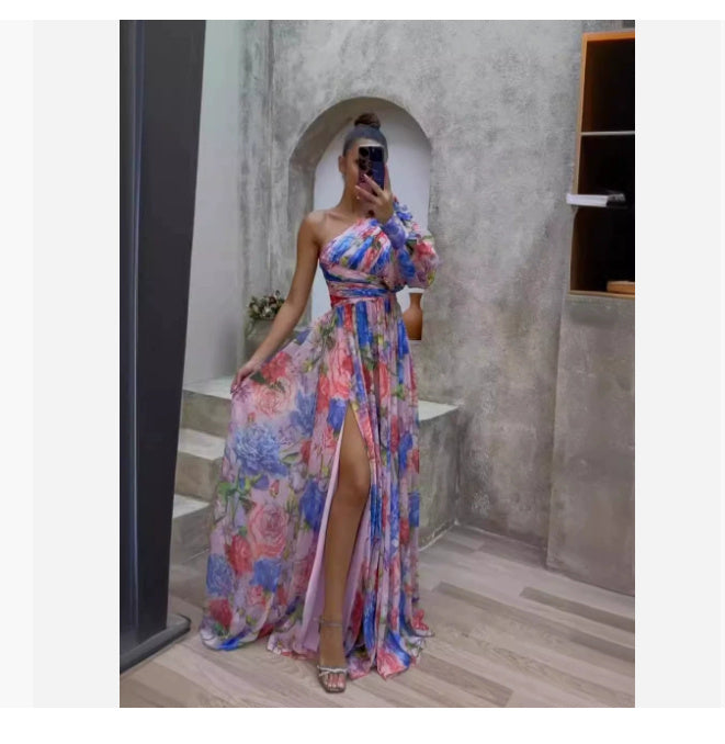 One-shoulder Long-sleeved Dress For Women