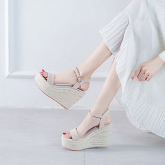 Open Toe Ankle-strap Buckle Wedge Woven Sandals