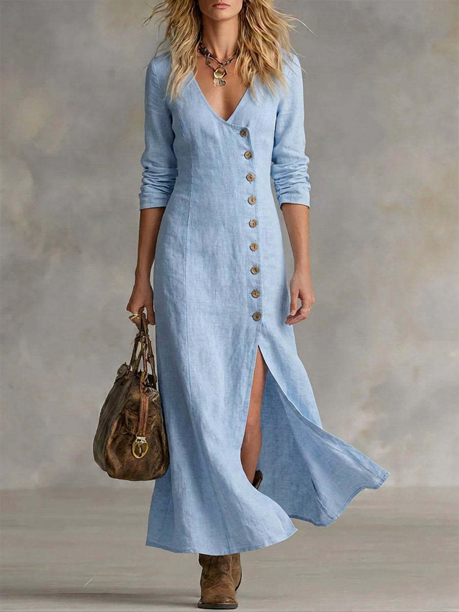 Casual Cotton-Linen Long-Sleeve Womens Dress