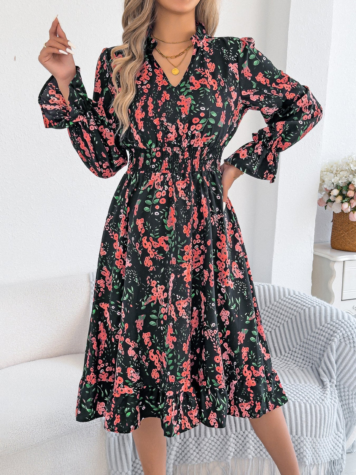 Casual Floral Print Bell Sleeve Tie Waist A-Line Dress