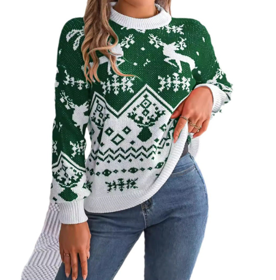 Casual Deer Pattern Long Sleeve Hoodie Sweater Christmas For Red Green Knitted Pullover Jumper