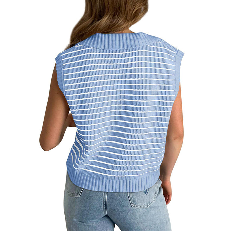 V Neck Cap Sleeve Sweater Vest Sleeveless Collared Striped Knit Tank Tops