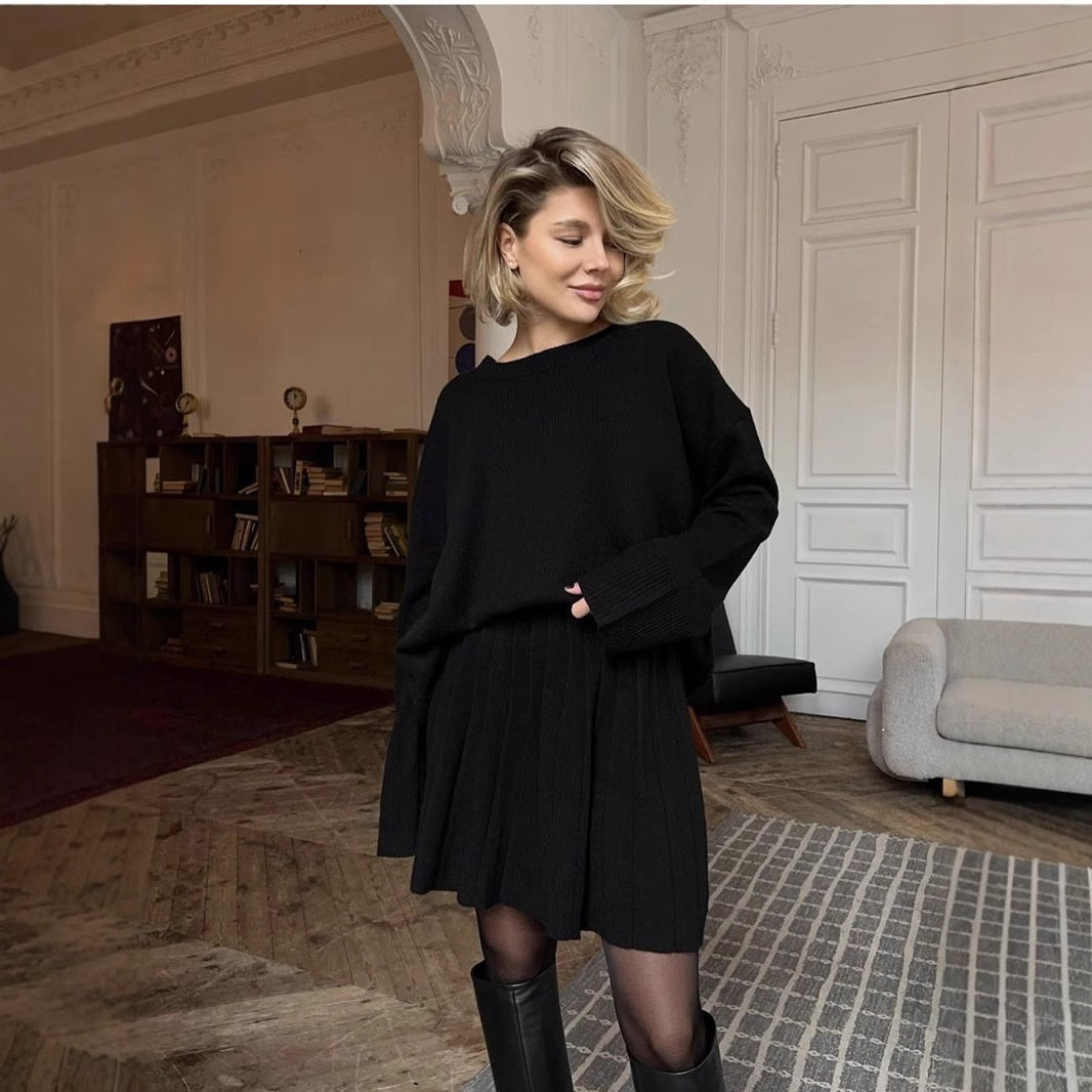 Solid Color Round Neck Sweater Pleated Skirt Suit Skirt