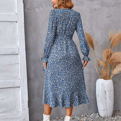 Flowers Print Long Sleeve Dress Ruffled Commuter Temperament Dresses Womens Clothing