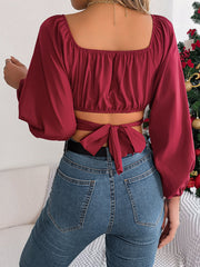 Casual Lantern Sleeve Tie Waist Chiffon Crop Top