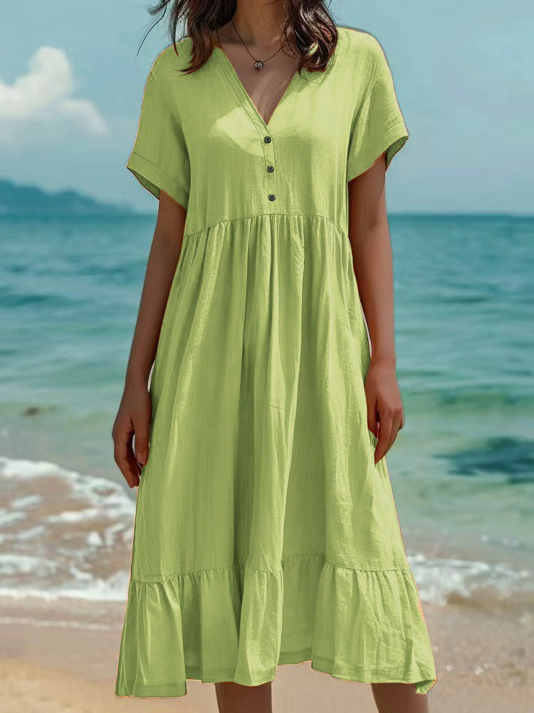 Solid-color Short-sleeve Pleated Dress