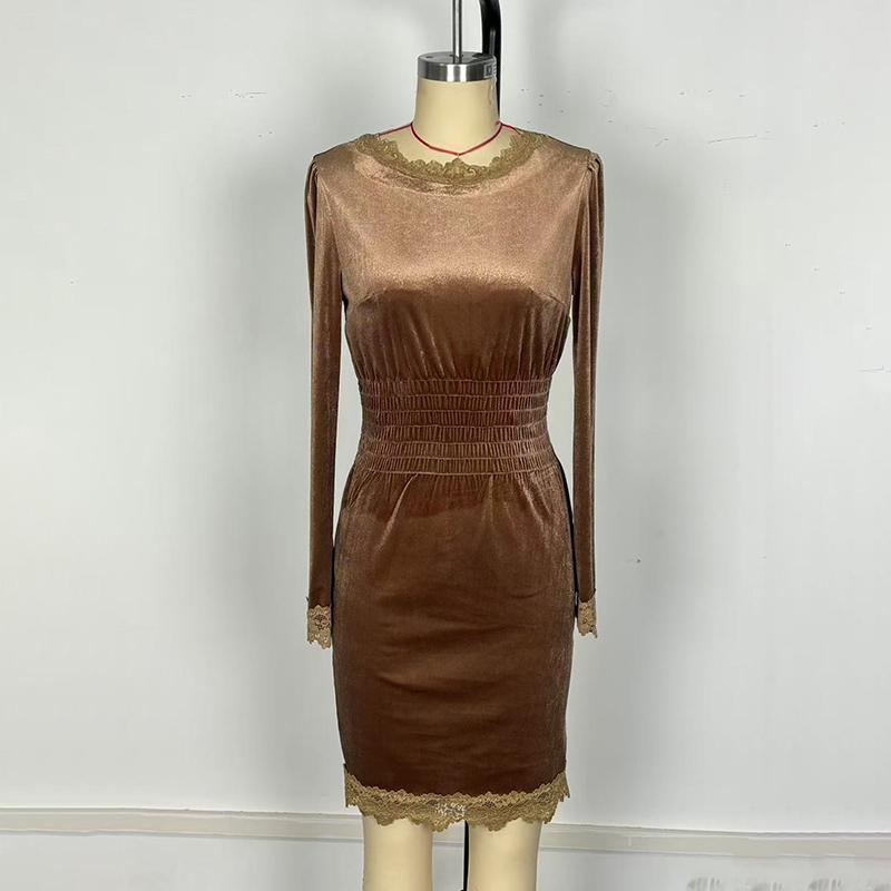 Velvet Lace Trim Bodycon Dress, Long Sleeve Midi Cocktail Dress