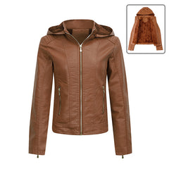 Plush Thickened Hooded Coat Slim Zipper Leather Jacket With Pockets Long Sleeve Outwear Tops For Womens Clothing
