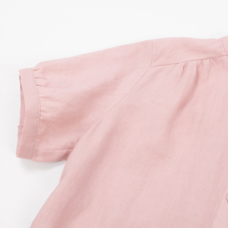 Short Sleeve Linen Dress Loose Casual Lace Up Midi Skirt