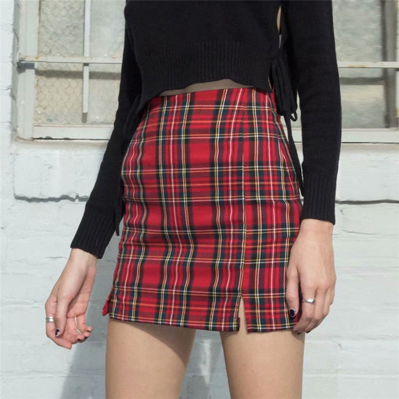 Style High Waist Bag Hip All-match Slim Plaid Skirt