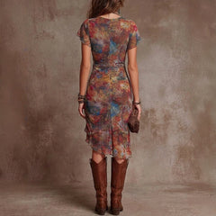 Womens Slim-fit Printed V-neck Defined-waist Dress