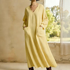 Casual Solid-Colored V-Neck Pocket Long-Sleeve Cotton-Linen Dress