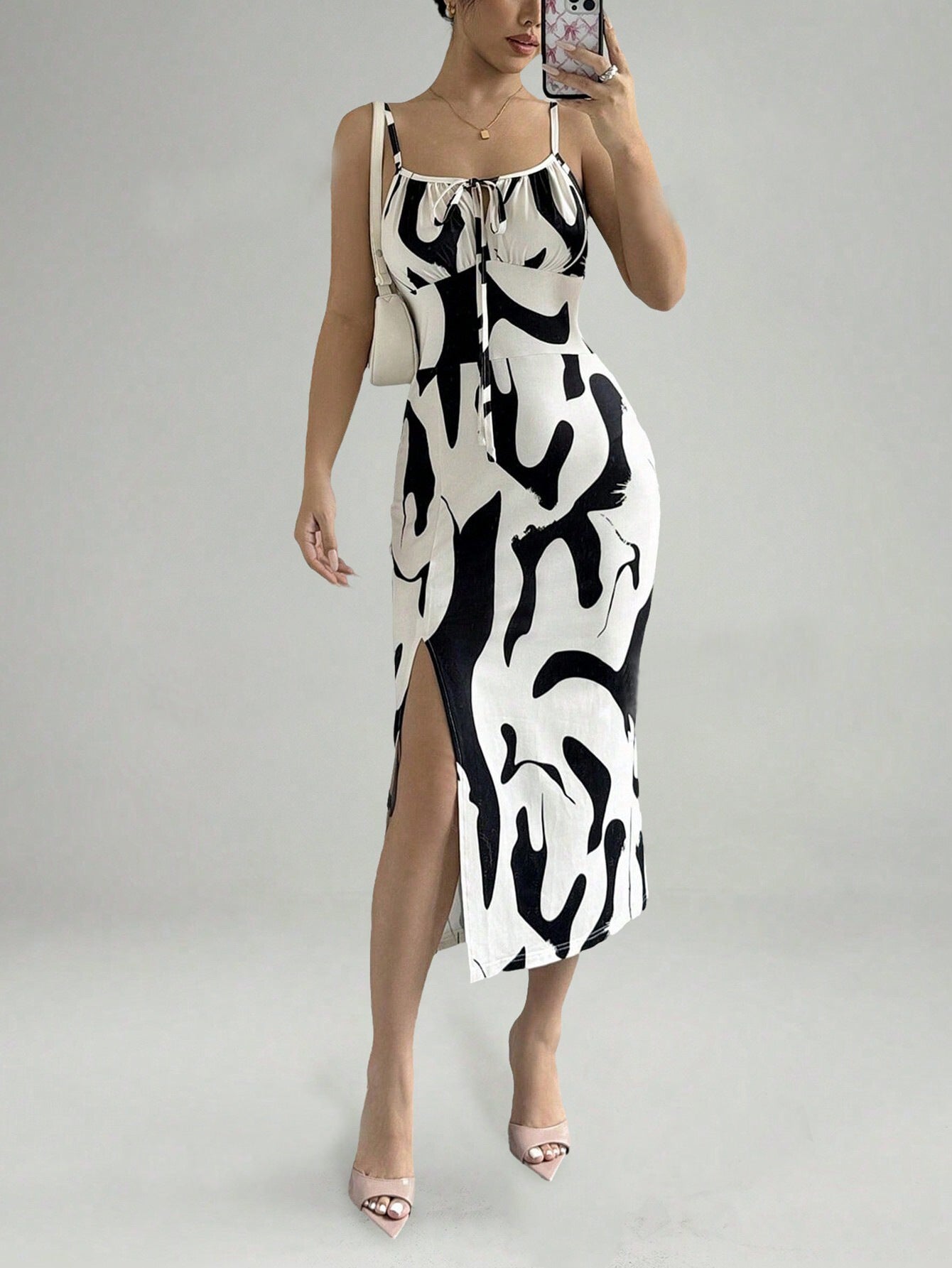 Printed Suspender Split Dress Slim Lace-up Long Dresses For Clothing