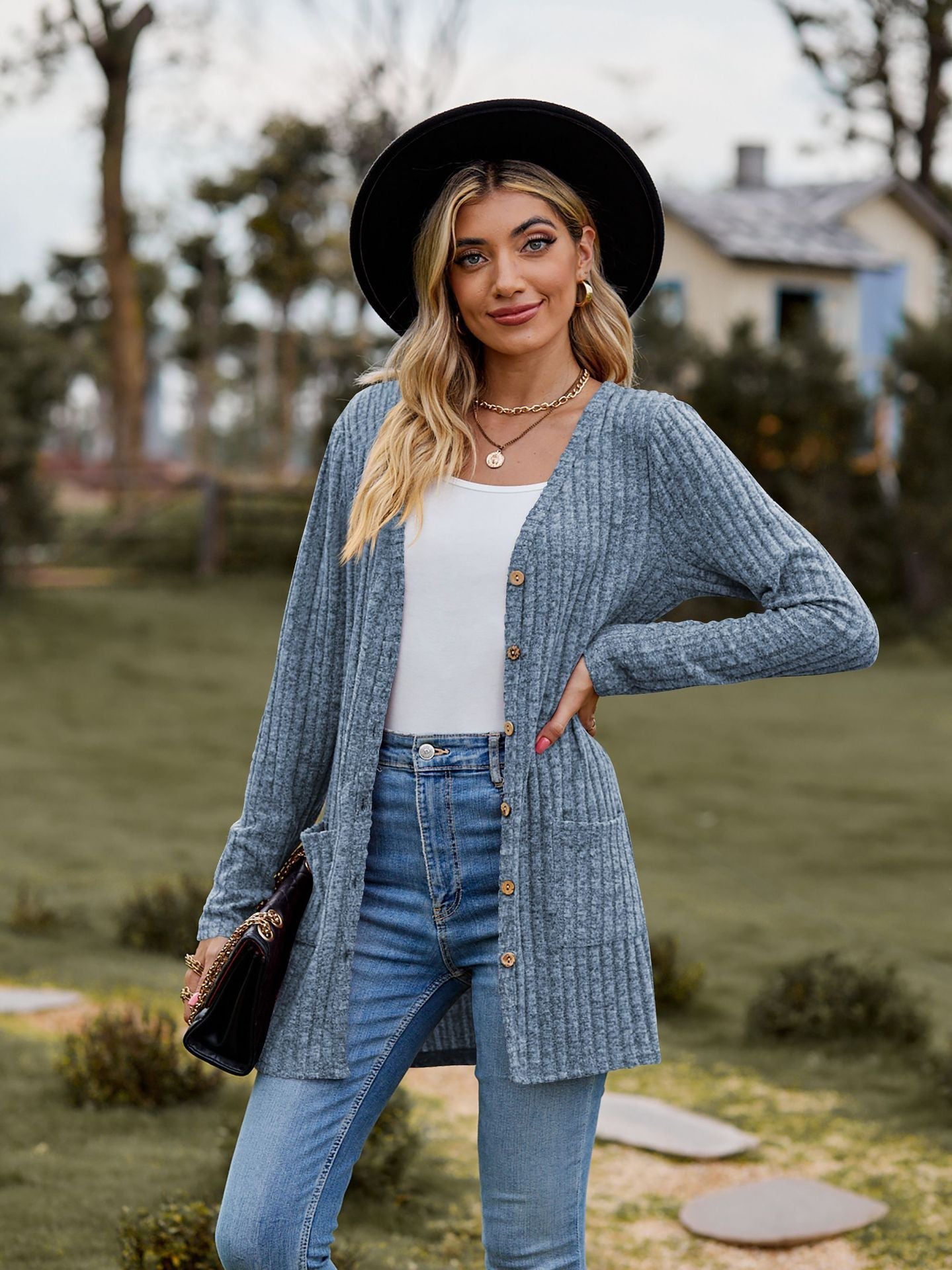 Fall Clothing Sunken Stripe Solid Color Long Sleeve Sweater