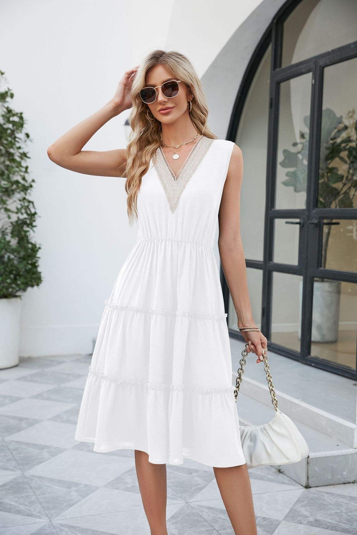 V-neck Dresses Sleeveless Pleated Ruffle Elegant Dress Beach Summer