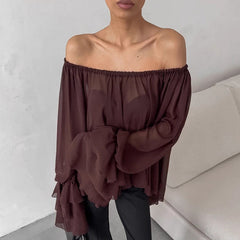 Dark Brown Off-shoulder Ruffle Top Thin Long Sleeve Chiffon Shirt