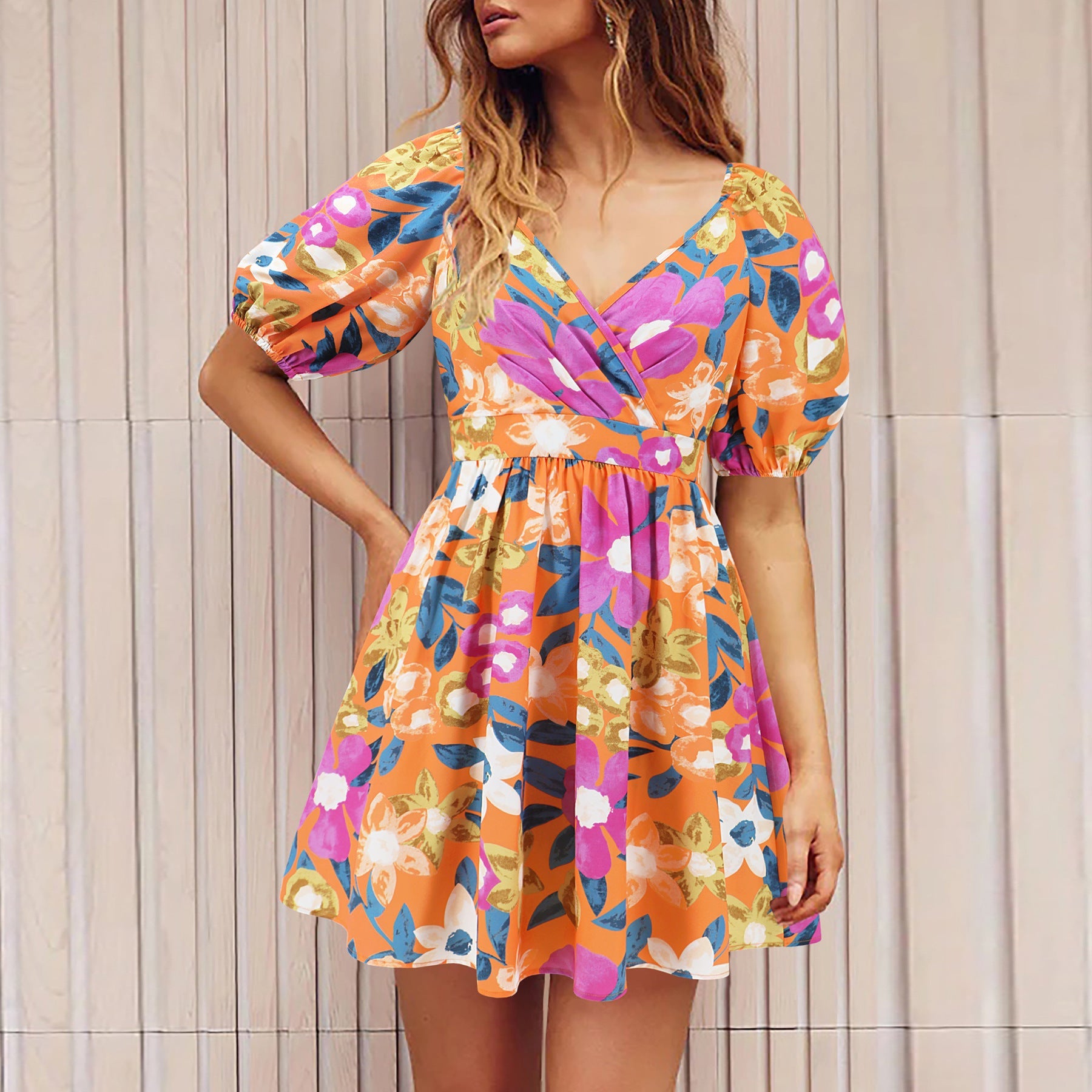 Flowers Print V-Neck Lantern-sleeve Dress Y2K Vacation Beach Short Dresses Womens Clothing