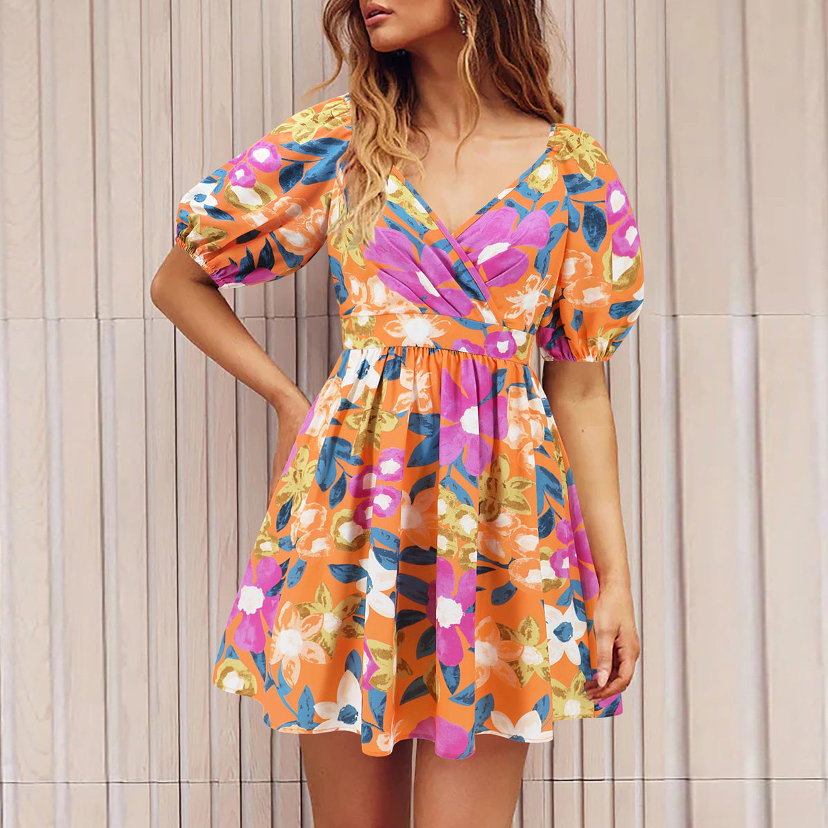 Flowers Print V-Neck Lantern-sleeve Dress Y2K Vacation Beach Short Dresses Womens Clothing