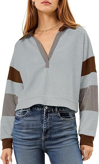Fisoew Long Sleeve Crop Tops Polo V Neck Color Block Casual Loose Pullover Cropped Sweatshirt