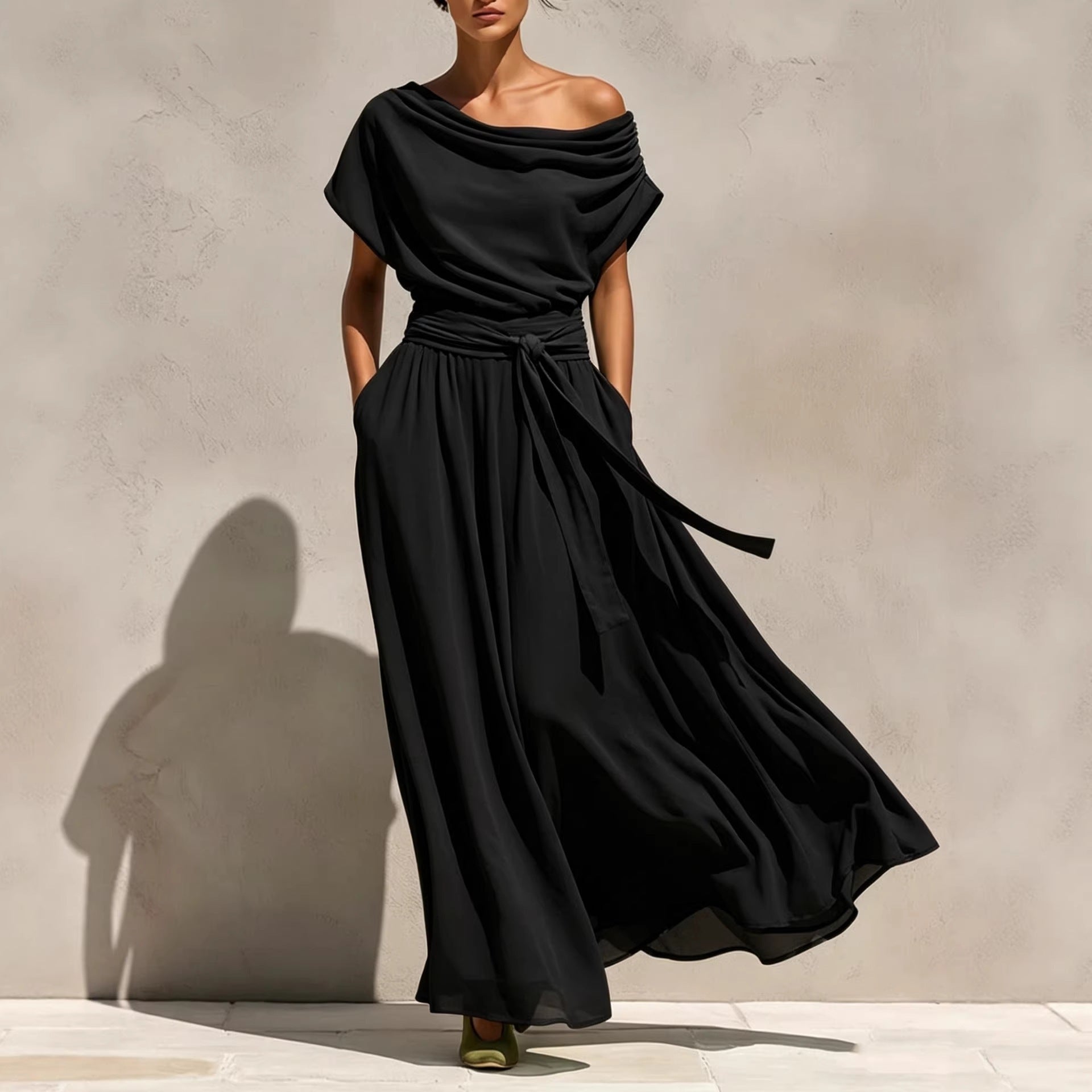 Short-sleeve Pleated Chiffon Waist-cinching Dress