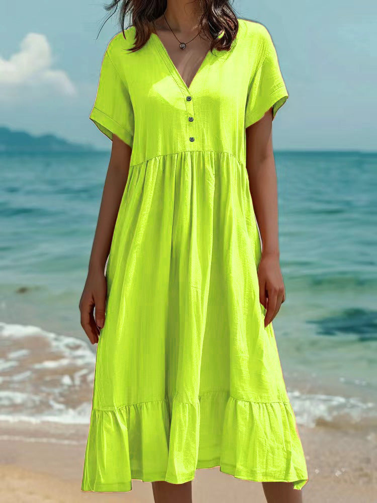 Solid-color Short-sleeve Pleated Dress