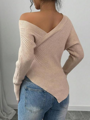 Off The Shoulder Soft Stretch Wrap Around Asymmetrical Ribbed Sweater