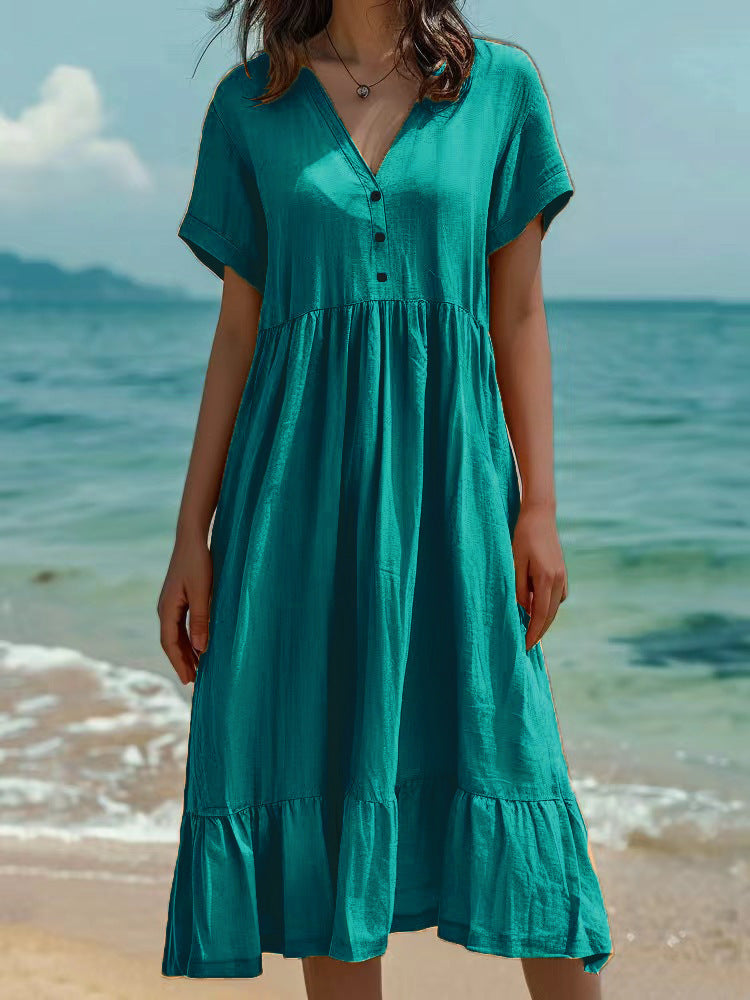 Solid-color Short-sleeve Pleated Dress