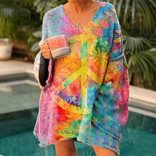 Elegant Digital Printing Casual Loose Sweater Dress