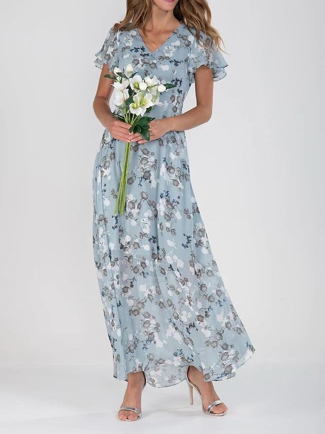 Flowers Print Short Sleeve Dress Ruffle Beach Dresses Clothing