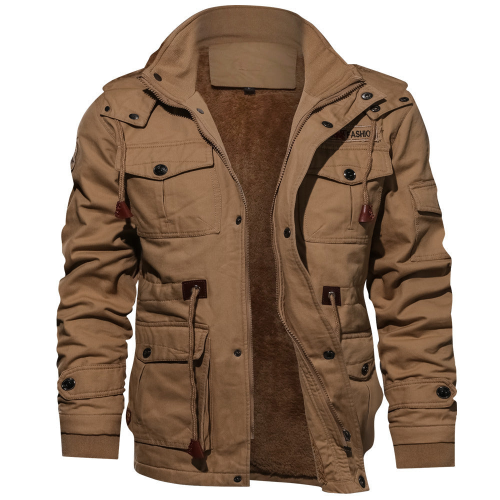 Zip-up Coat Warm Thickened Detachable Hooded Jacket Multi-pocket Button Drawstring Long Sleeve Tops Men's Cargo Clothing