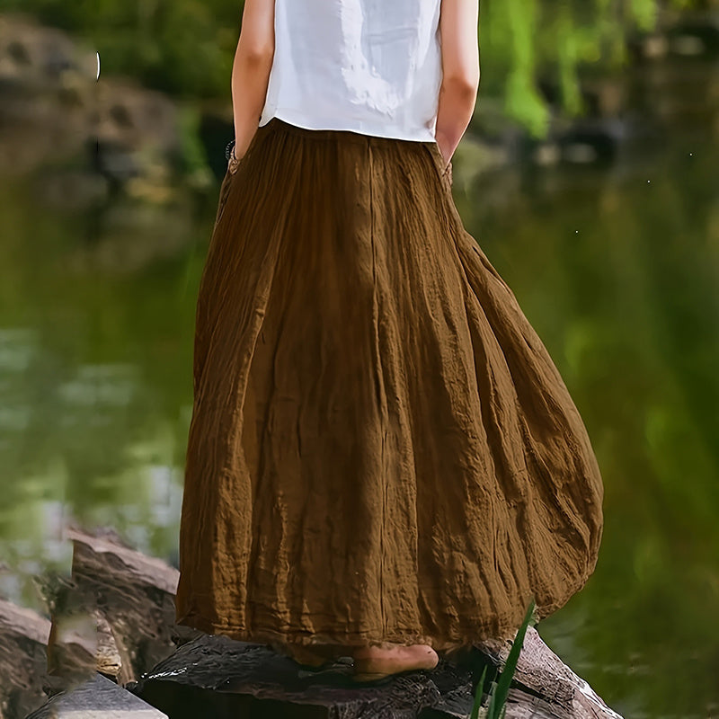 Bohemian Beach A-Line Dress Elastic Waist Flowy Long Maxi Skirt With Pockets