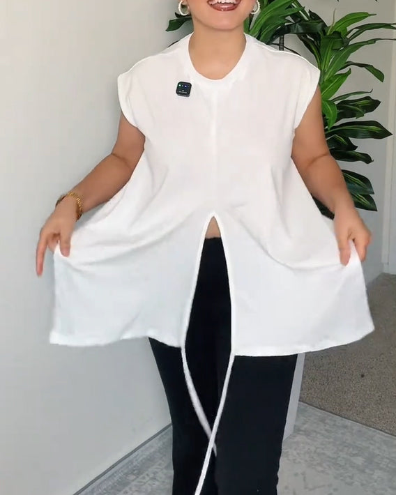Casual Asymmetrical Criss Cross Back Tie Top For Knitted Round Neck Drop Shoulder Sleeve T-Shirt