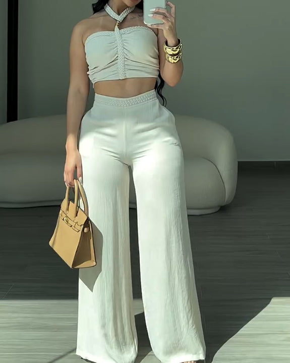 2 Piece Braided Trim Two Piece Outfit with Flared Trousers