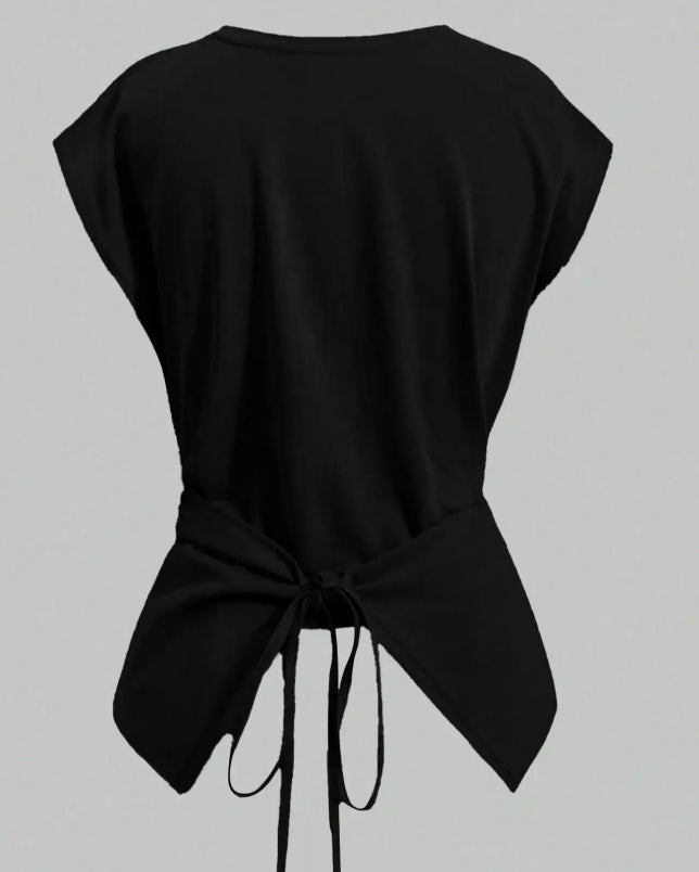 Casual Asymmetrical Criss Cross Back Tie Top For Knitted Round Neck Drop Shoulder Sleeve T-Shirt