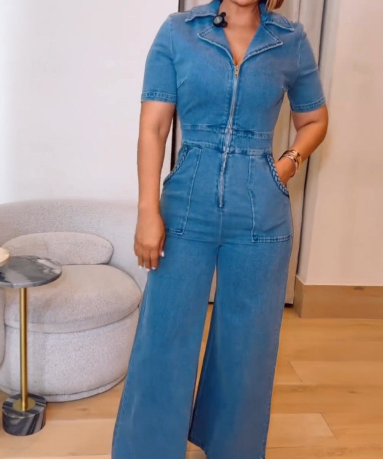 Casual Short Sleeve Loose Straight Leg Demin Jumpsuits with Pockets