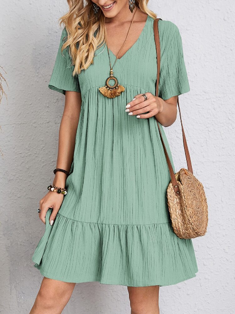 V-neck Short Sleeve Dress Casual Loose Ruffled Dresses Beach Clothing Women