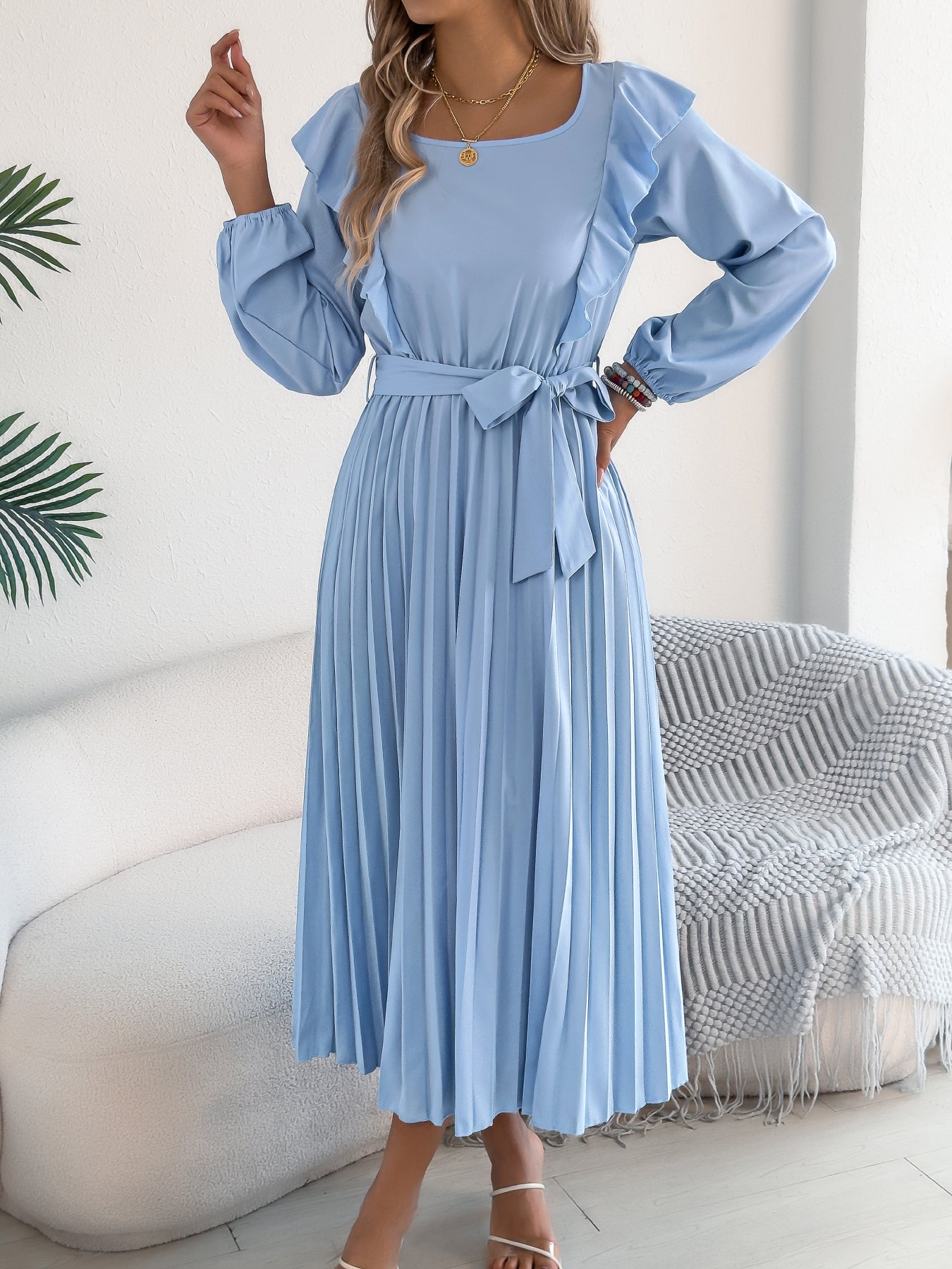Elegant Ruffle Trim Square Neck Long Sleeve Tie Waist Pleated Dress