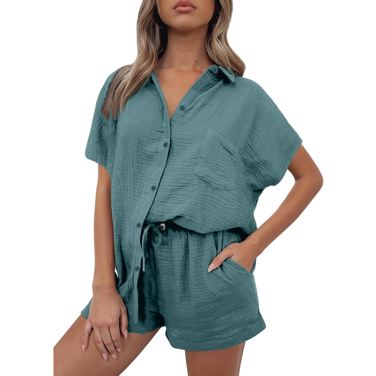 Casual Cotton And Linen Shirt And Shorts Set Womens Clothing